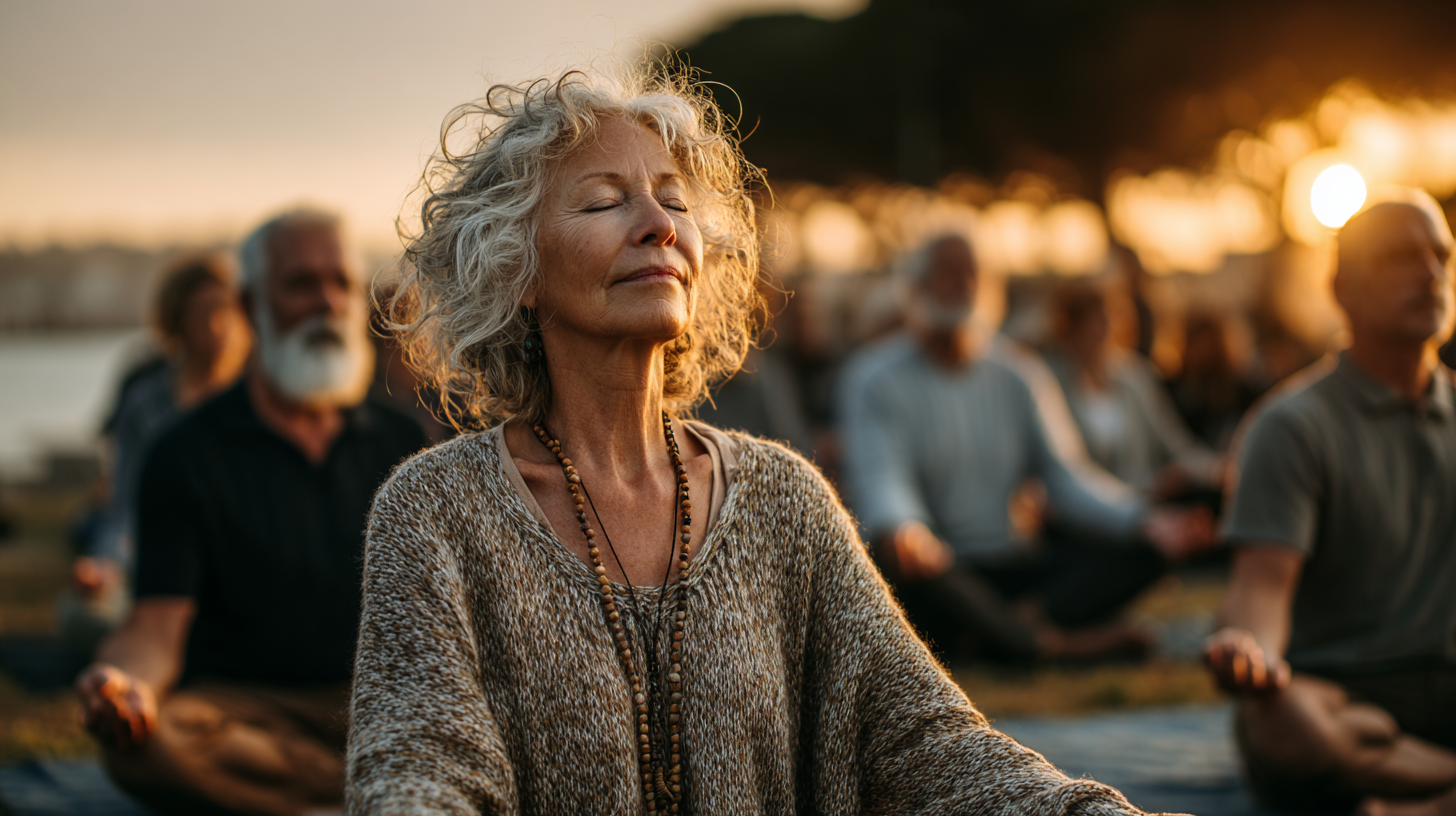 Група людей зрілого віку виконує йогу на природі